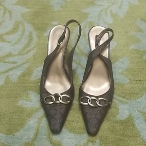 Etienne Aigner Brown and Gold Sling Back Heels